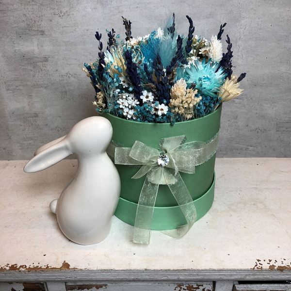 Blumenbox pastell in "türkis-weiss" mit kleinem weissen Keramikhase