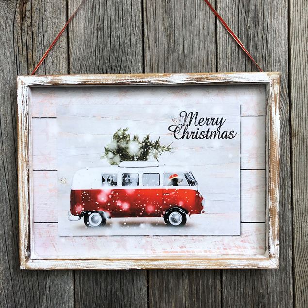Merry Christmas Bild mit VW-Büsli im Vintage - Stil