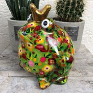 Cooler Keramik-Frosch grün mit Flamingomotiv