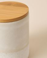 Image sur Boîte ronde en faïence émaillée beige avec couvercle en bambou