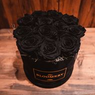 Black Edition Rosenbox in Schwarz Samt, mit 12 stabilisierten Rosen Schwarz Ø 20 cm